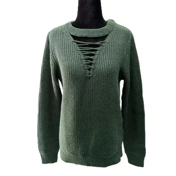 Devoted Sweater Lace Tie Front Keyhole Neckline High Low Hem Green Size Small - Picture 1 of 16